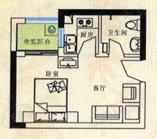 中华世纪城在售F户型 一室一厅一厨一卫户型图