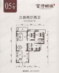 金湾明珠05户型 110平米 三房两厅两卫户型图
