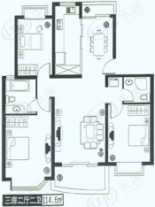 华丽家园一期房型: 三房;  面积段: 108.45 －126.89 平方米;
户型图
